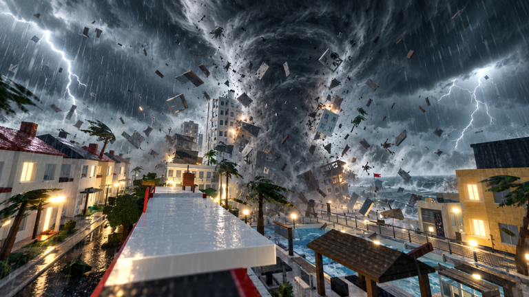A massive tornado tearing through a Roblox town at night amid lightning and flying debris