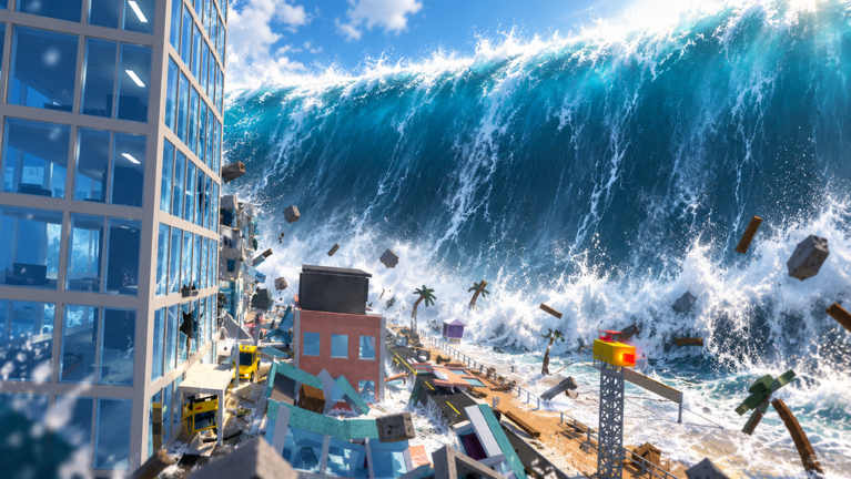 A giant tsunami wave crashing through a Roblox city street, sweeping debris between office buildings