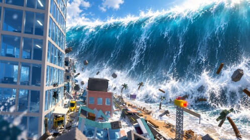 A giant wave crashing through a coastal town in What If Disasters