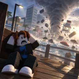 A character braces as a storm and flood tear through a city in What If Disasters